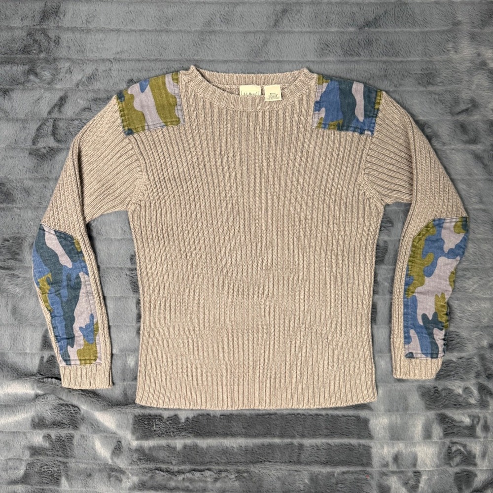 LL Bean Boys Commando Sweater Tan Ribbed Cotton Camo Patch M 10/12 0 BJH5